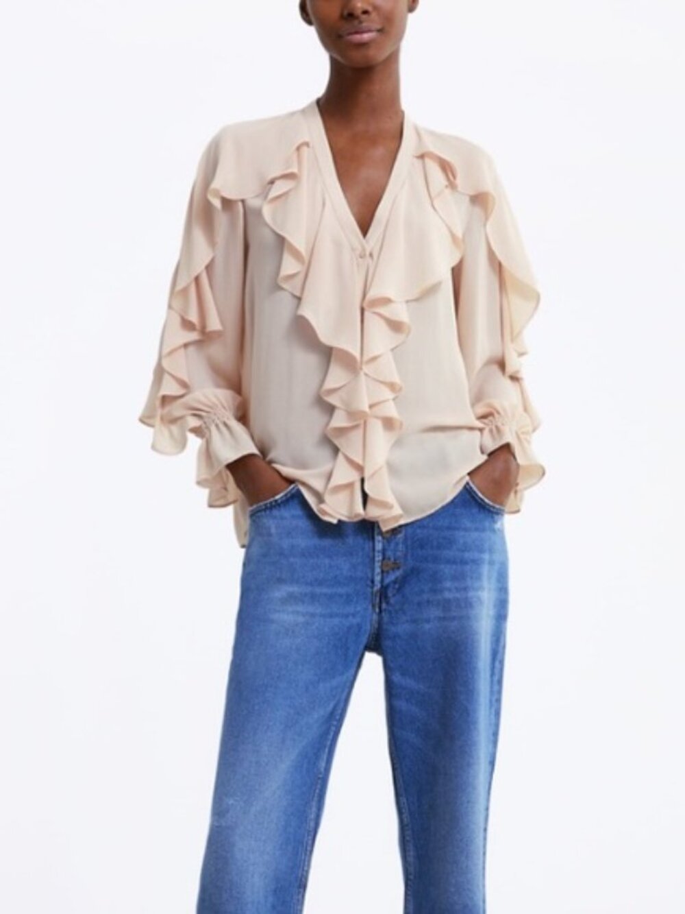 Zara Ruffle V-neck Blouse XS in blush